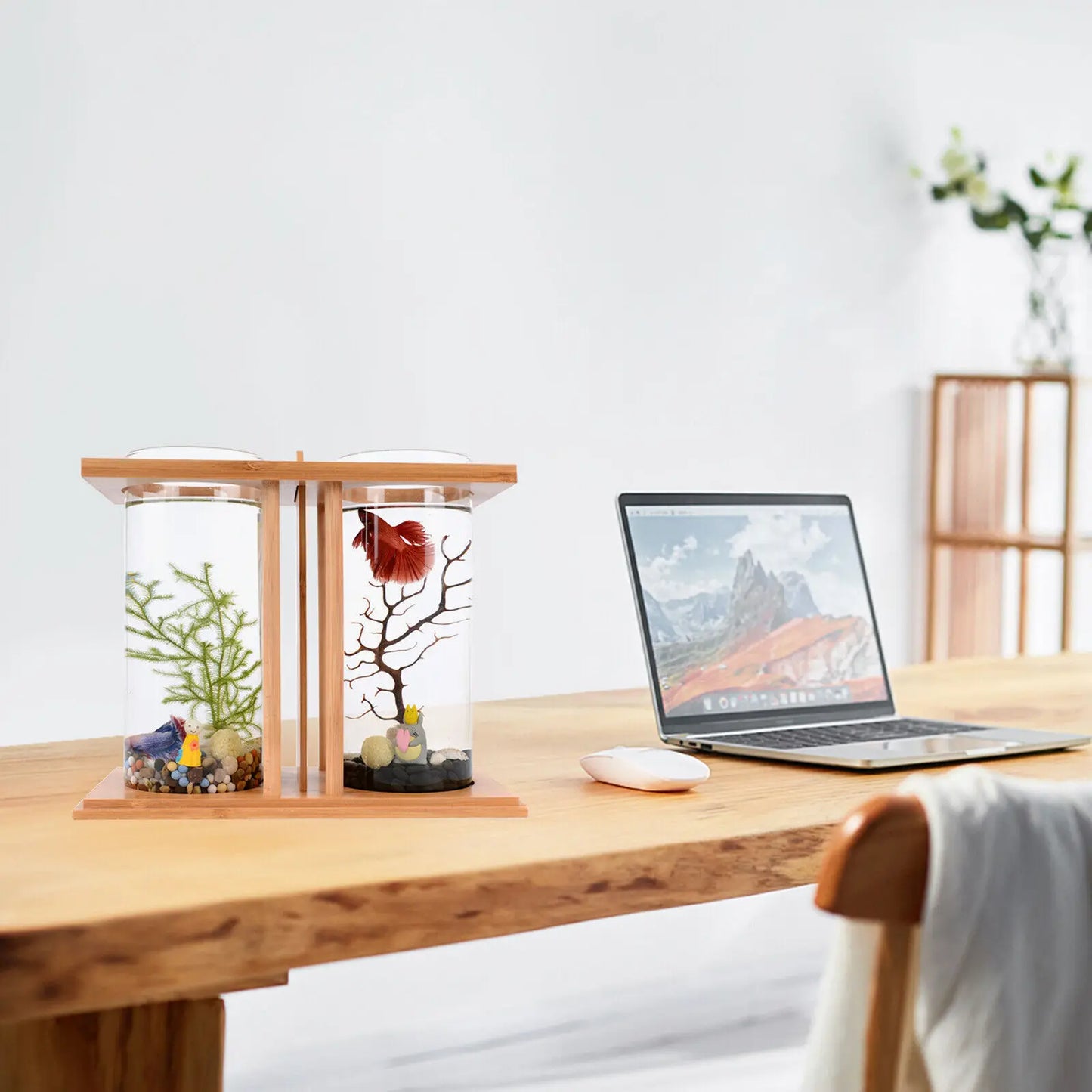 Mini Glass Betta Tank With Bamboo Base LED Desk Aquarium