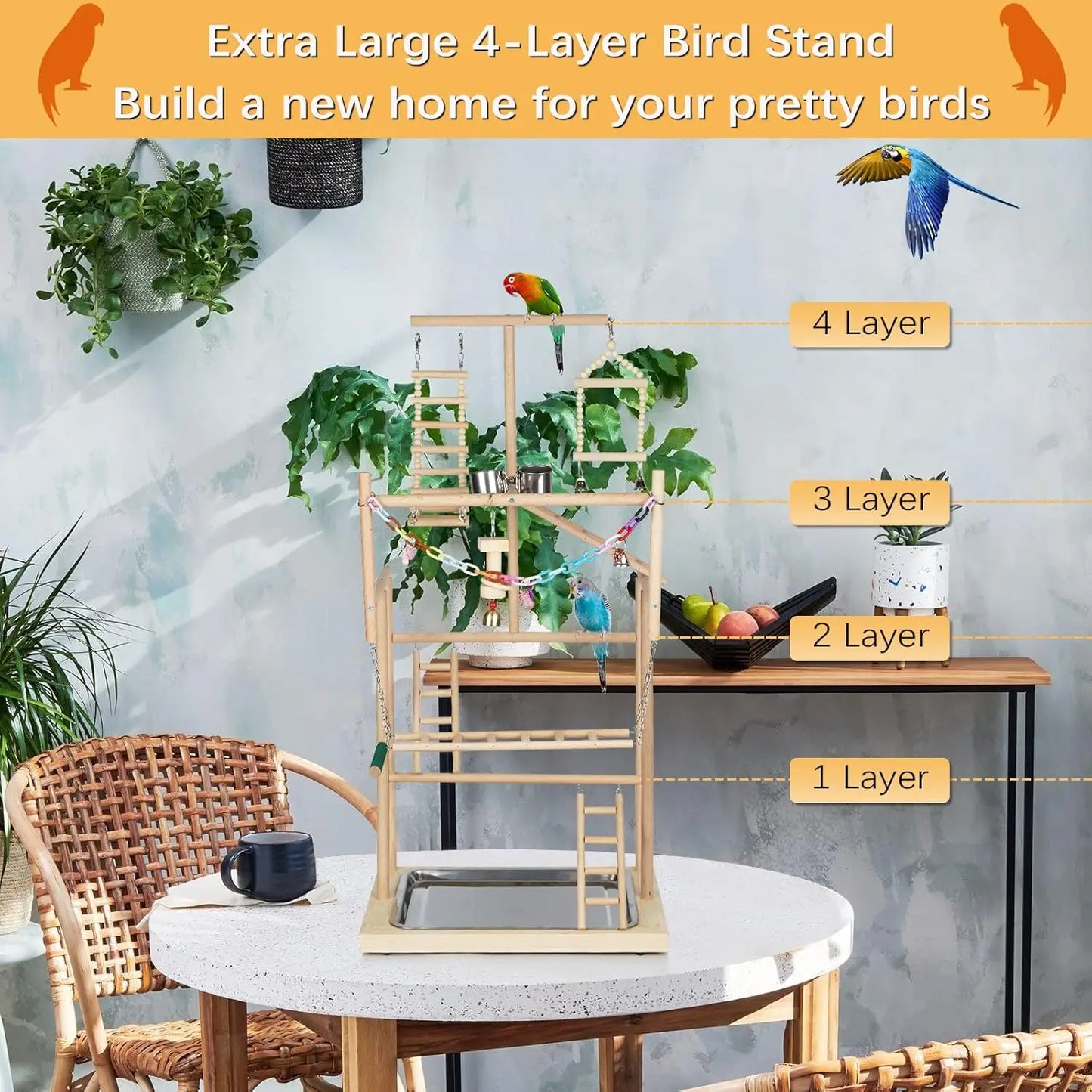 Wooden Parrot Playstand With Feeder Cups And Bells