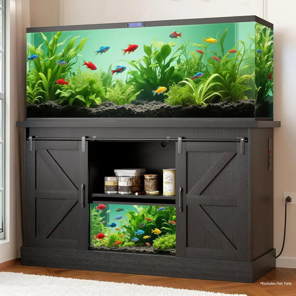 Aquarium Stand With Sliding Barn Doors And Power Outlet Cabinet