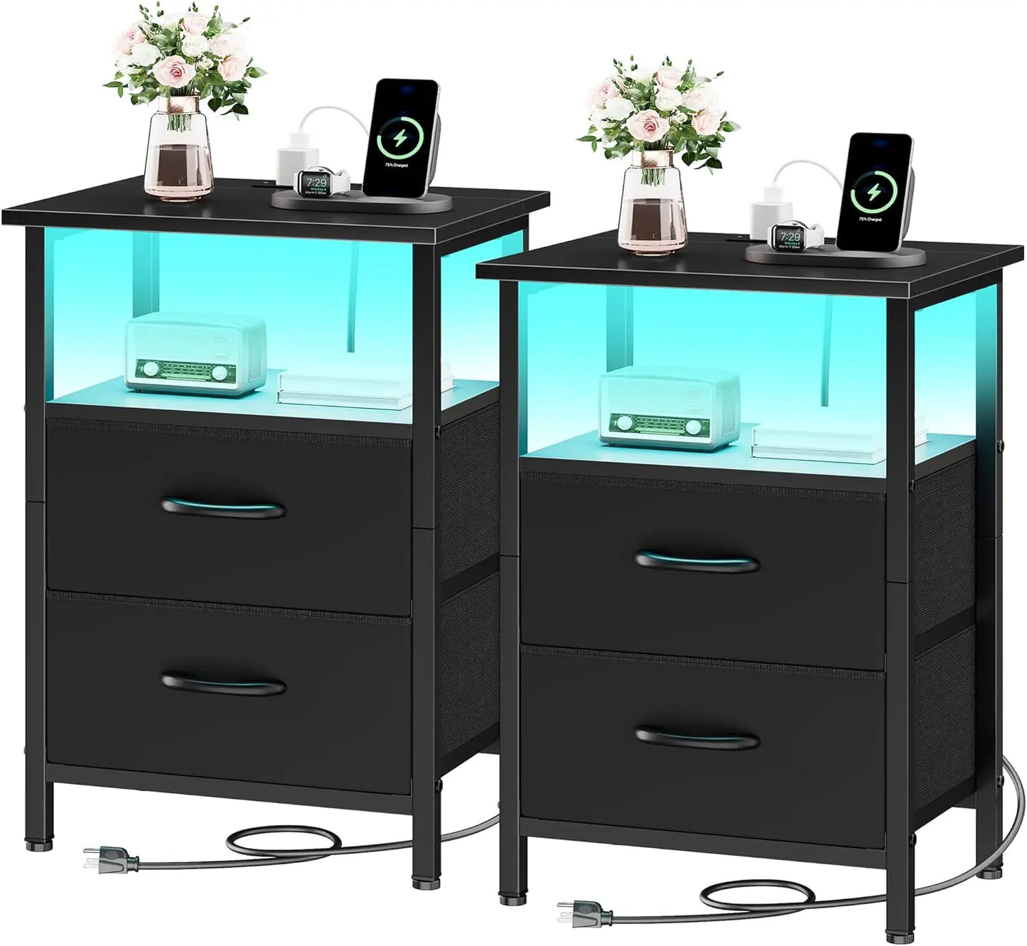2-Piece Nightstand Set With LED Lights And USB Charging Station