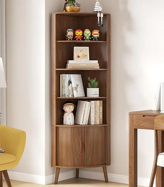 Modern 5-Tier Corner Shelf Bookcase With Fluted Doors