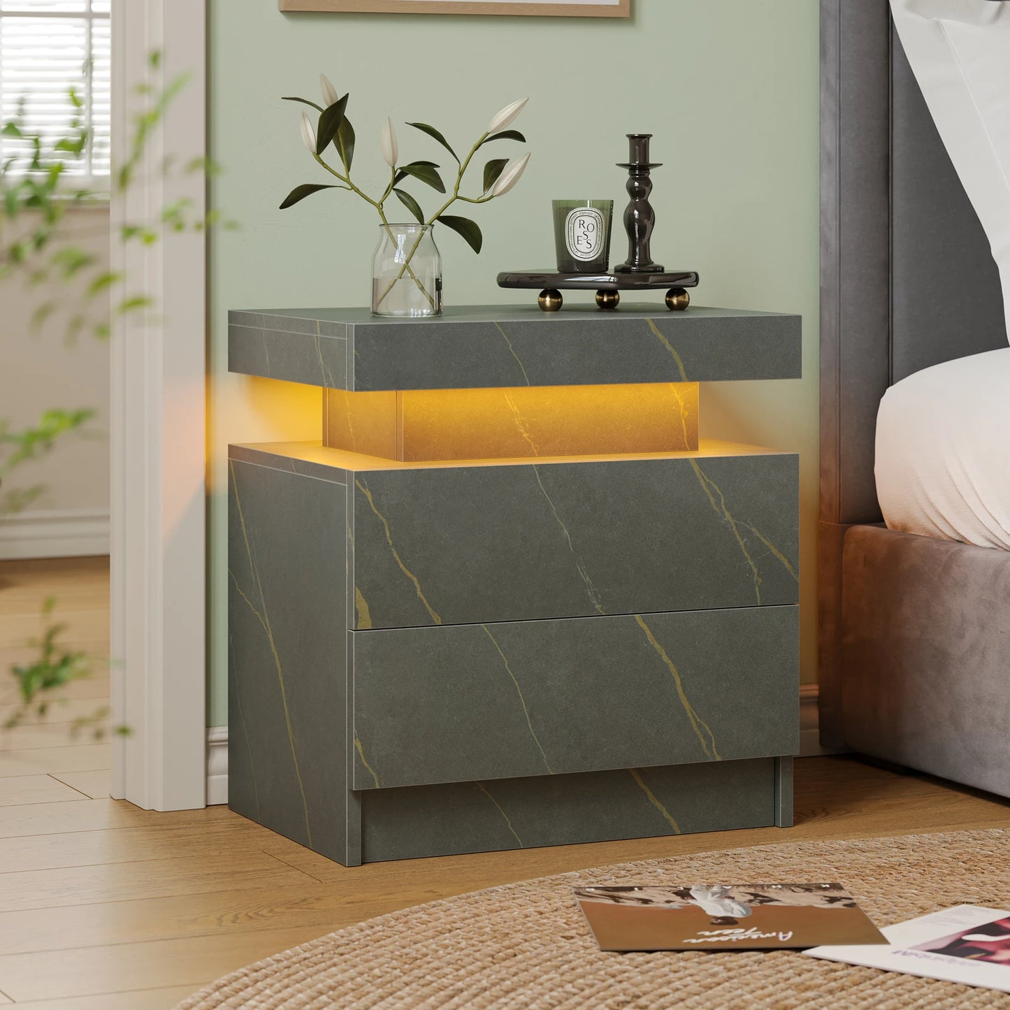 Cubehom LED Nightstands With 2 Drawers Modern Bedroom End Table