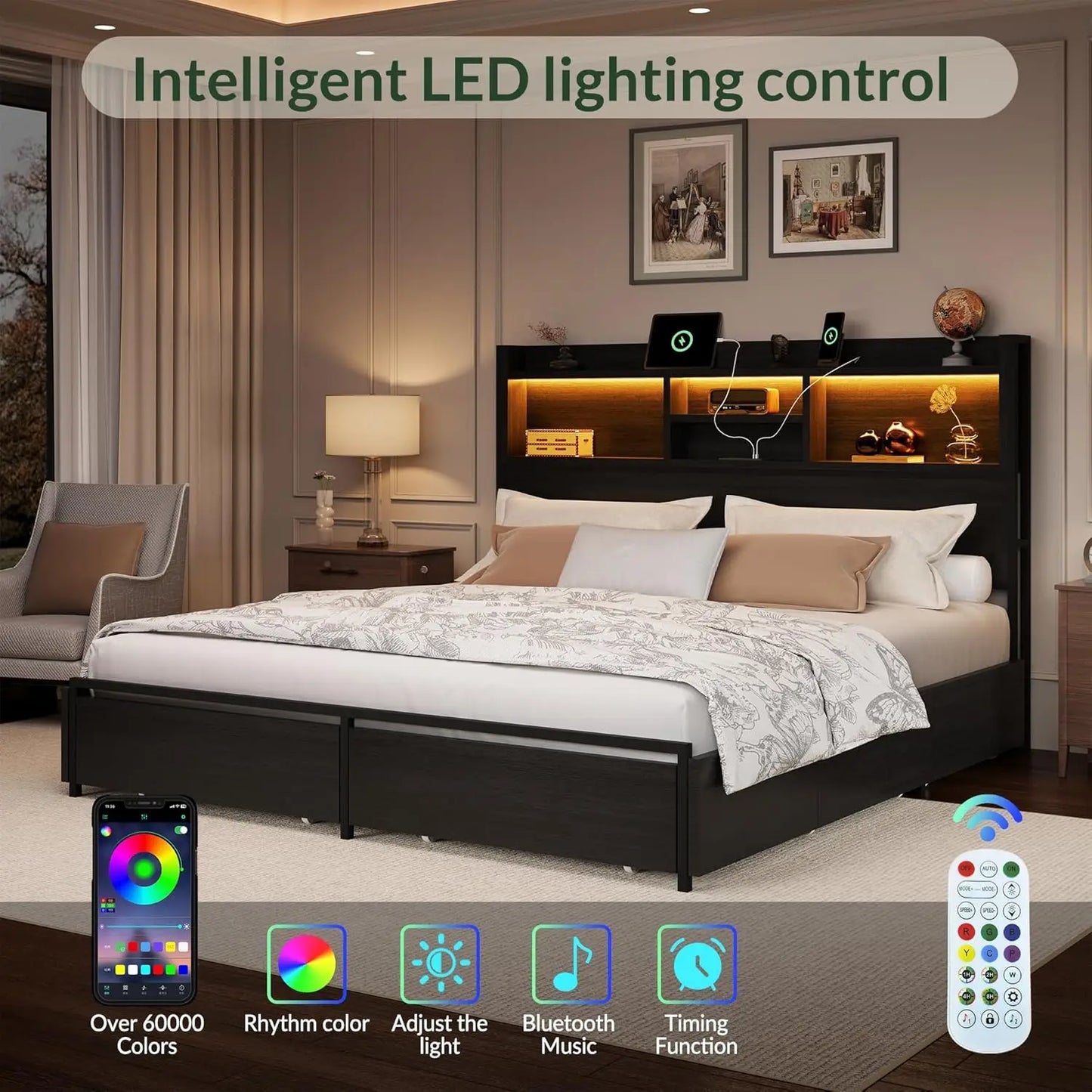 Bed Frame With 6 Drawers, LED Lights, Charging Station, Black