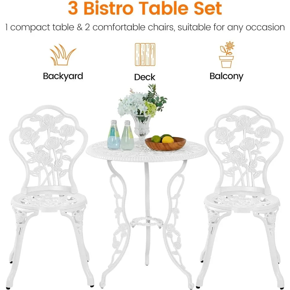 Outdoor 3 Piece Bistro Set With Rose Design Cast Aluminum