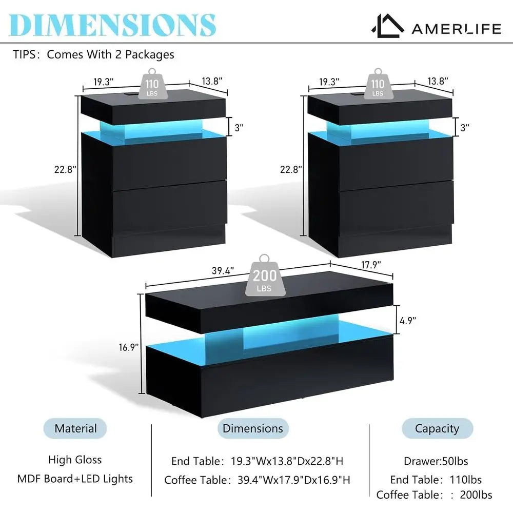 Glossy Living Room Table Set With LED Coffee Table And Charging Nightstands