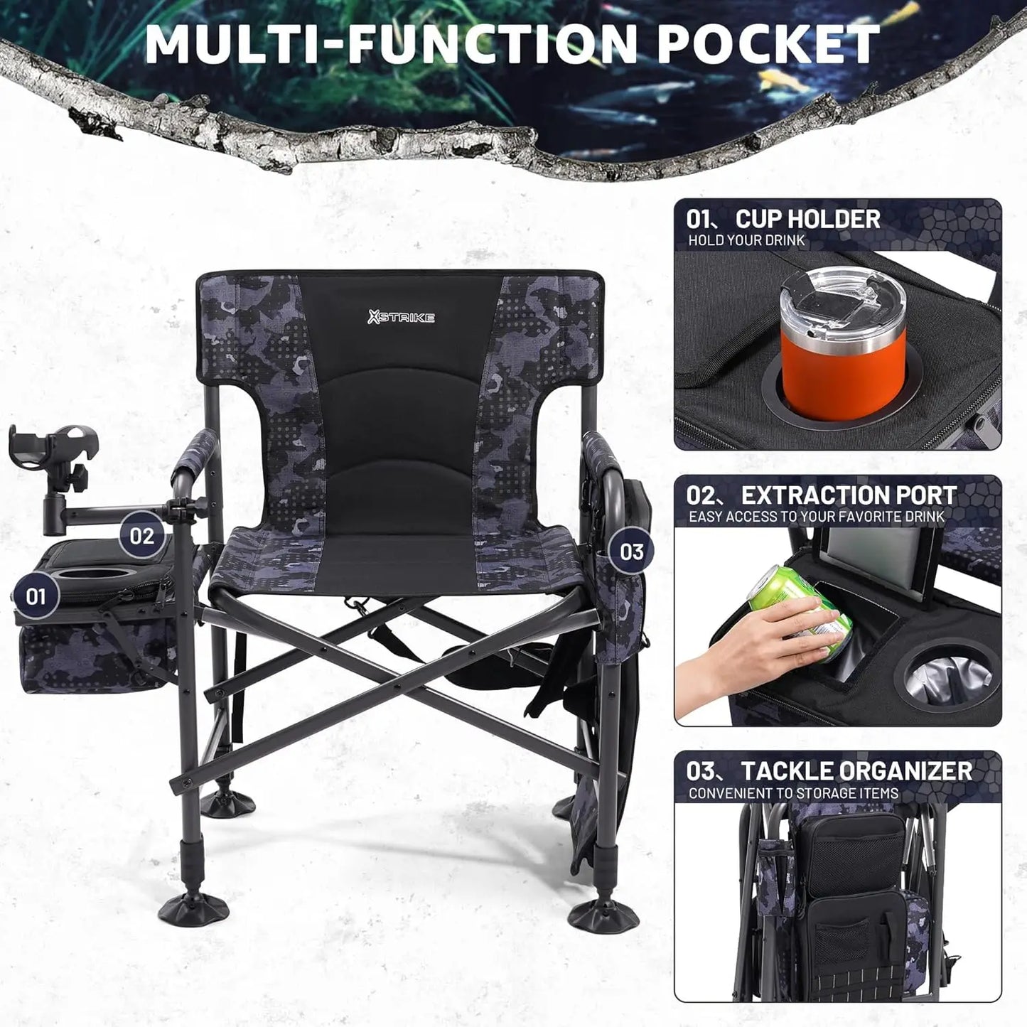 Heated Folding Fishing Chair With Rod Holder And Cooler Bag For Outdoor Use