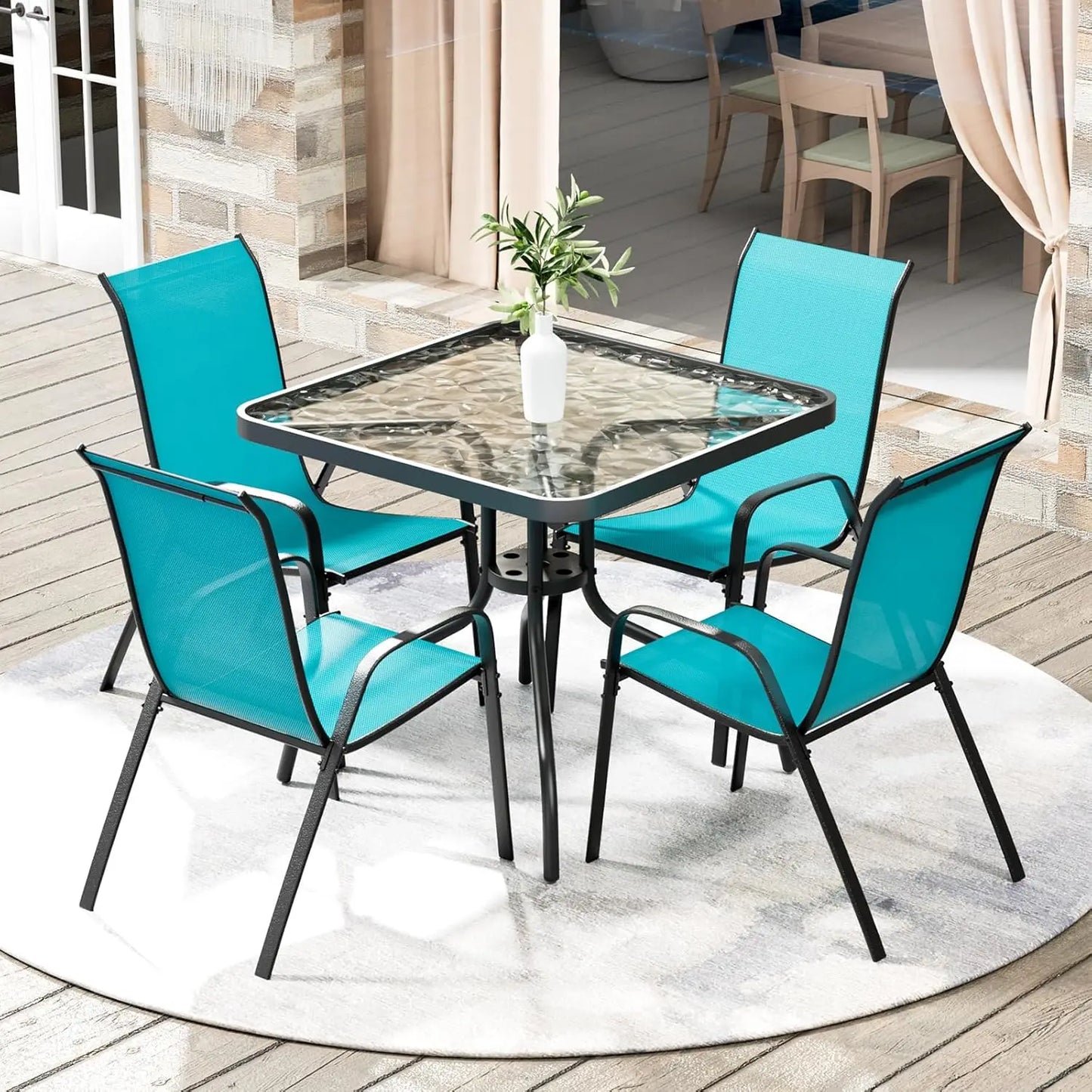 5-Piece Outdoor Patio Dining Set With Glass Table And Textline Chairs