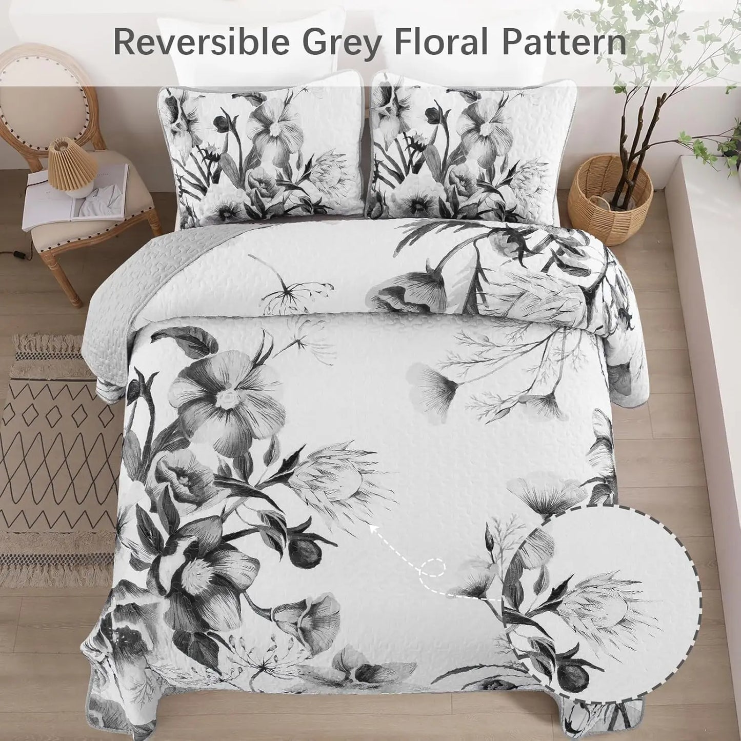 Floral Quilt Set 3 Piece Microfiber Bedspread All Seasons