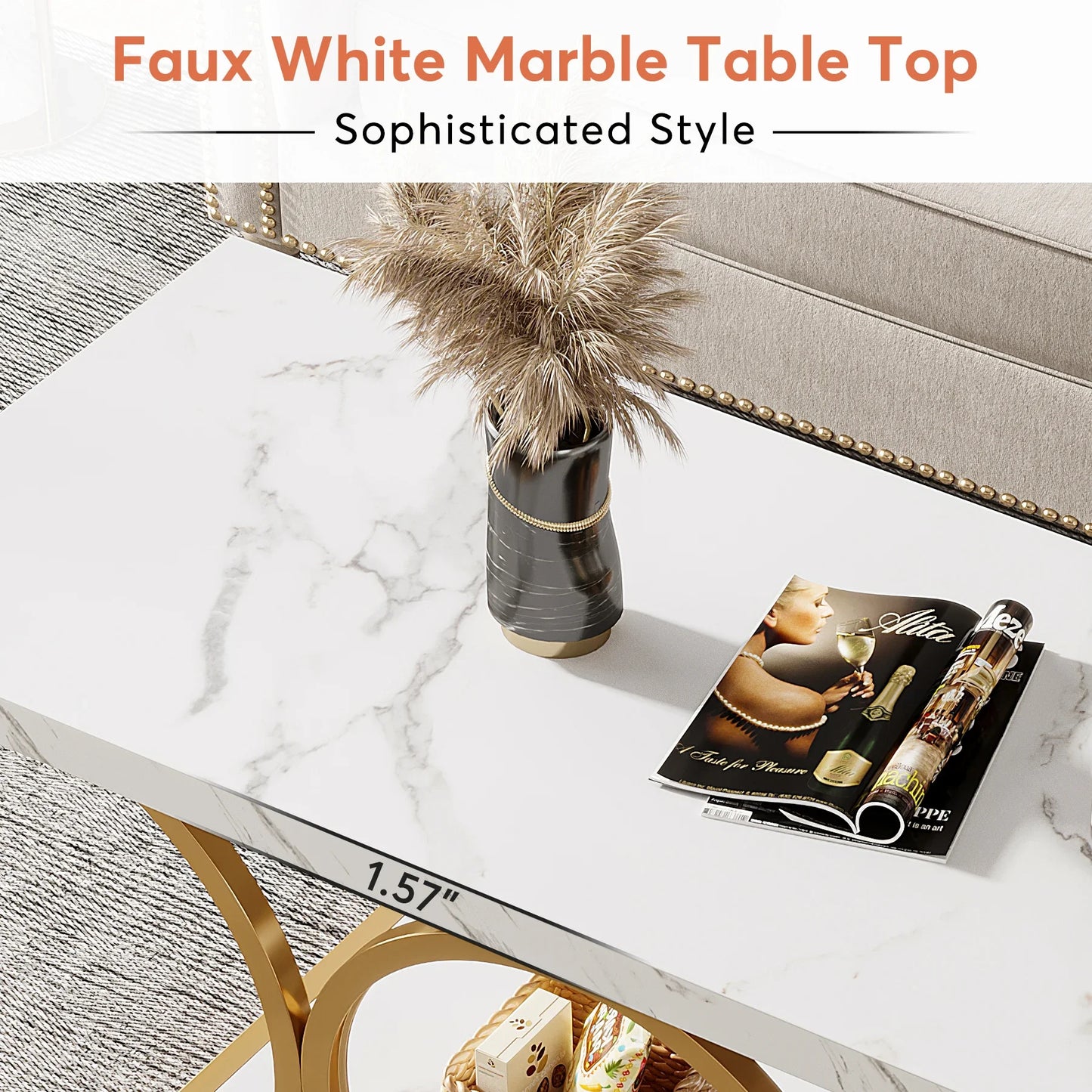 Tribesigns Rectangle Coffee Table 2 Tier Faux Marble Wood