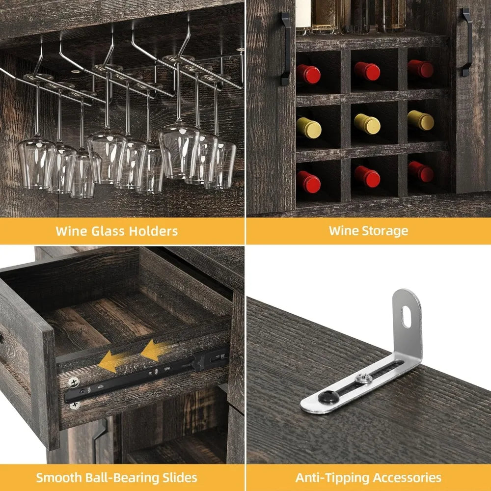 Farmhouse Coffee Bar Cabinet With Power Outlet And Led Lights