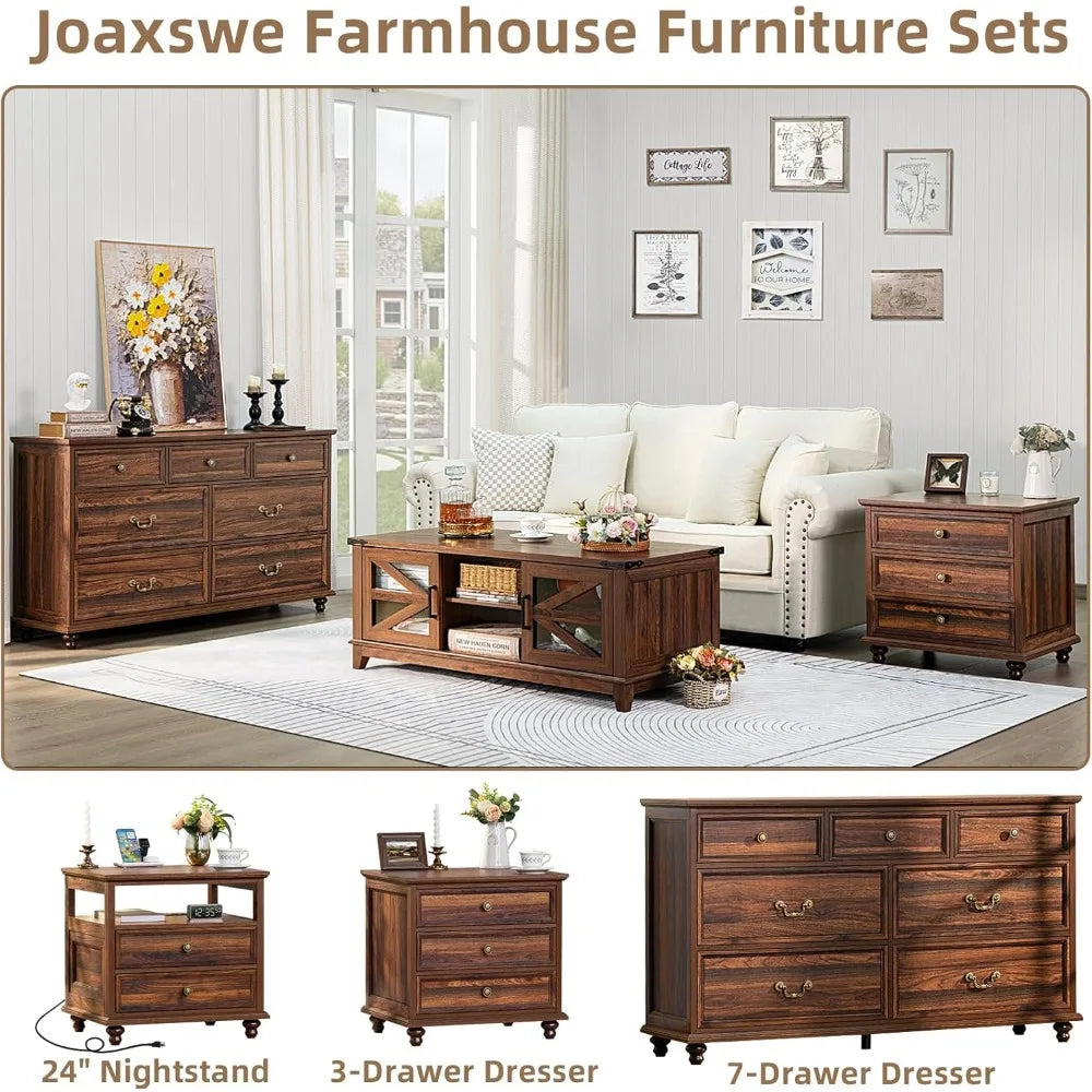MKDK Farmhouse Dresser And Nightstand Set 3 Piece Collection