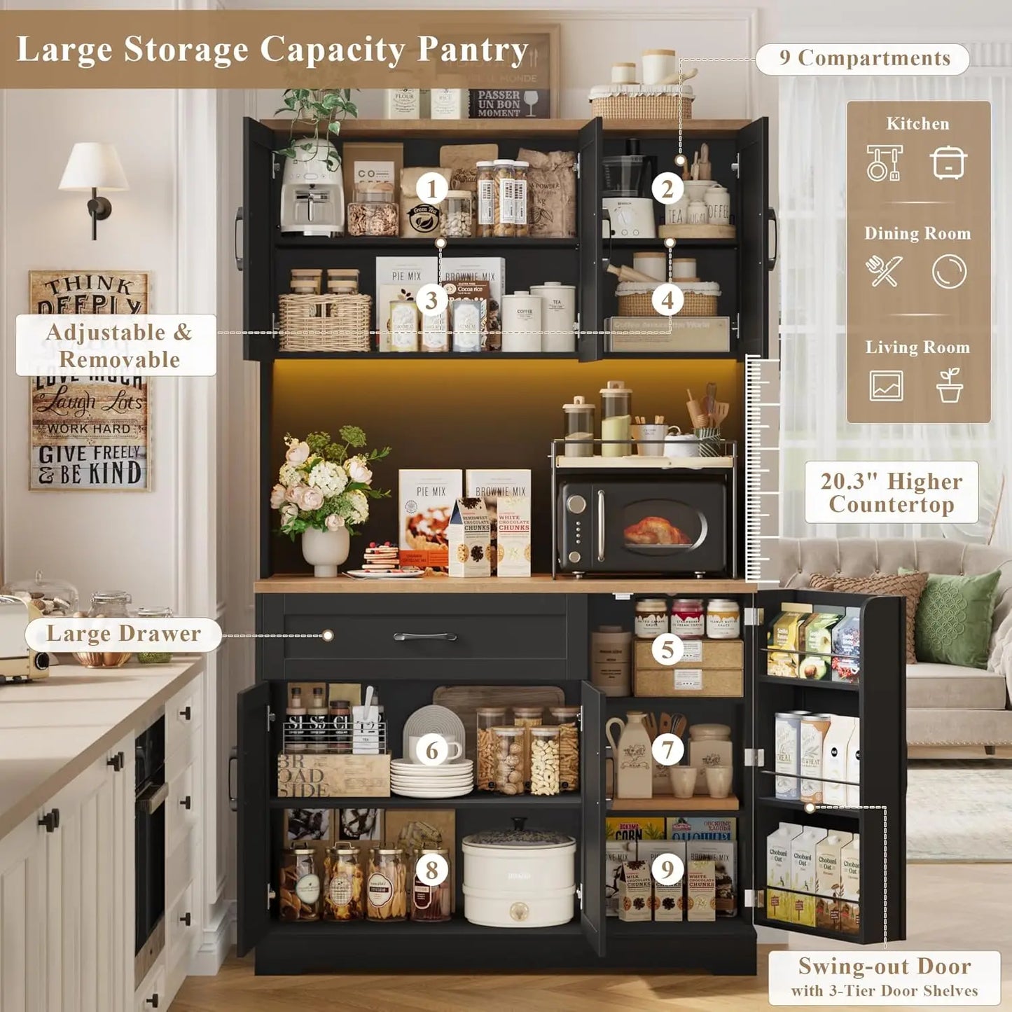 Guangbai LED Kitchen Pantry Cabinet With Power Outlet Microwave Stand