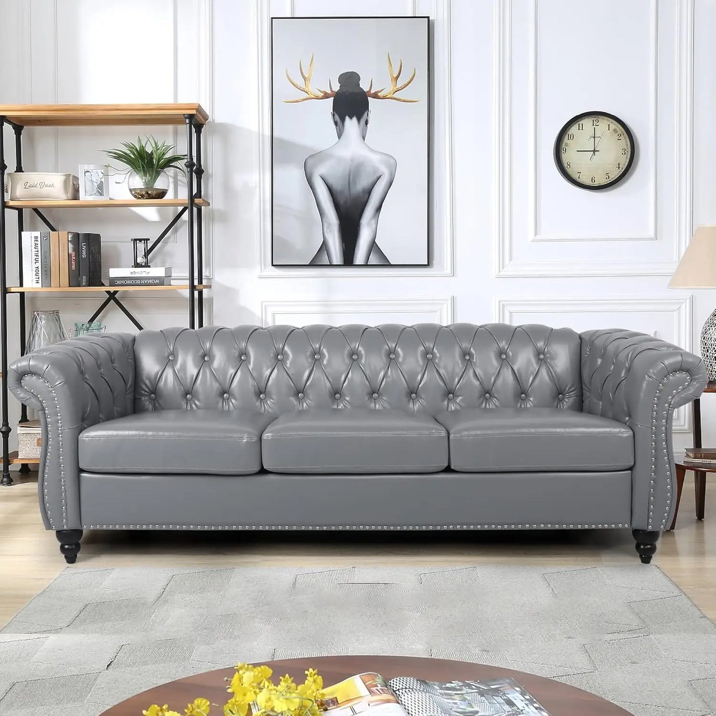 Modern Tufted Faux Leather Living Room Sofa Set With Button Nailhead Scroll Arms