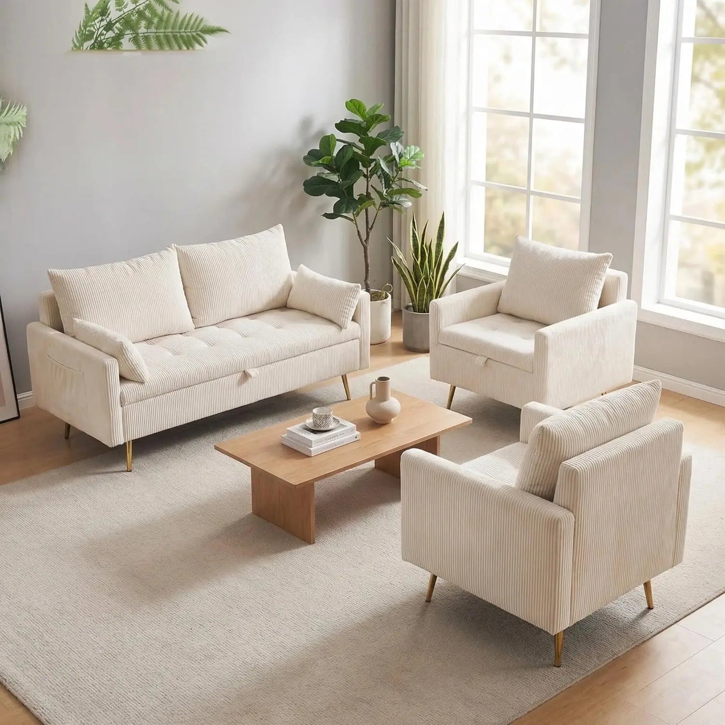 Corduroy 4 Seater Sectional Sofa Set With USB Holder 3PC