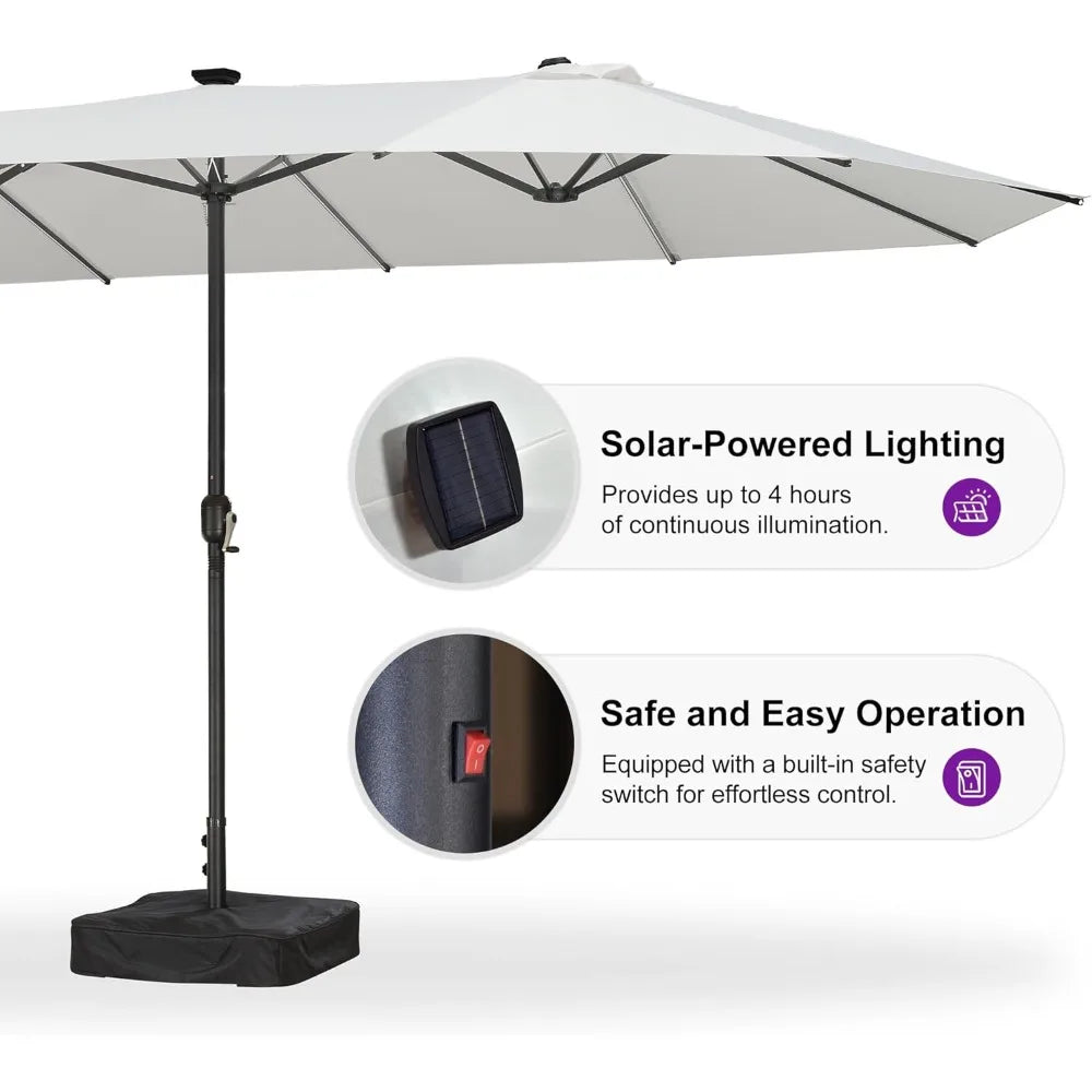 Patio Market Umbrella With Solar LED Base Crank Outdoor