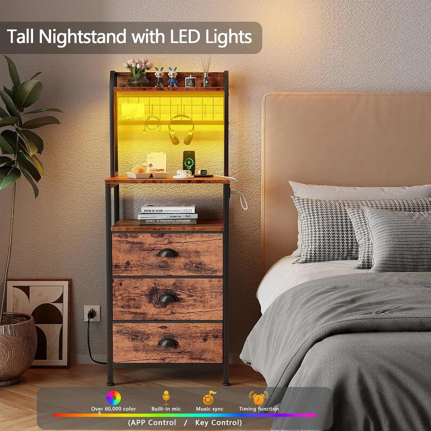 NONEDrawer Nightstand With Charging Station And LED Lights