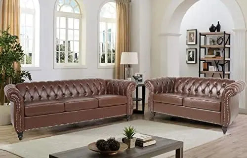 Modern Tufted Faux Leather Living Room Sofa Set With Button Nailhead Scroll Arms