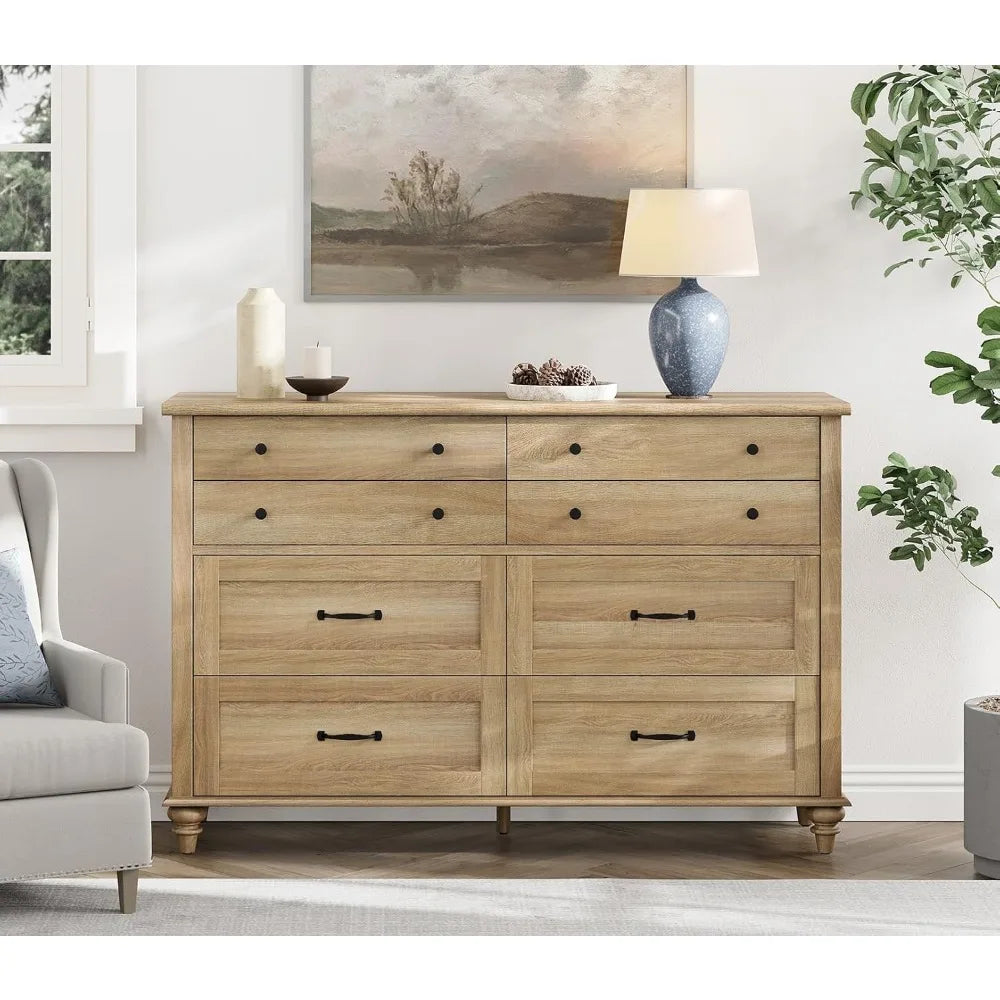 Eight Drawer Farmhouse Wood Dresser for Bedroom and Kids Room