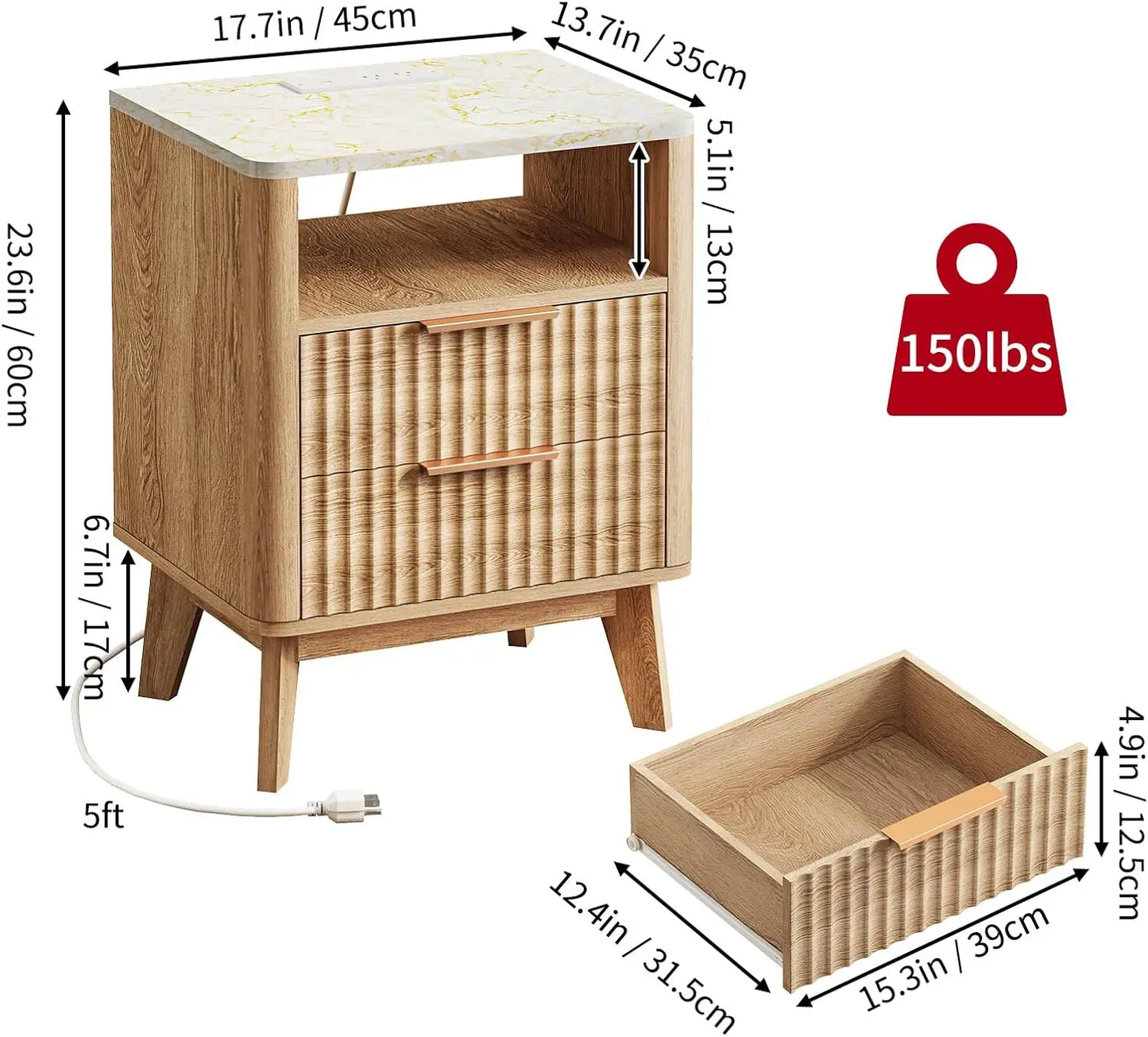 XMSJ Fluted Nightstand With Charging Station Bedside Table