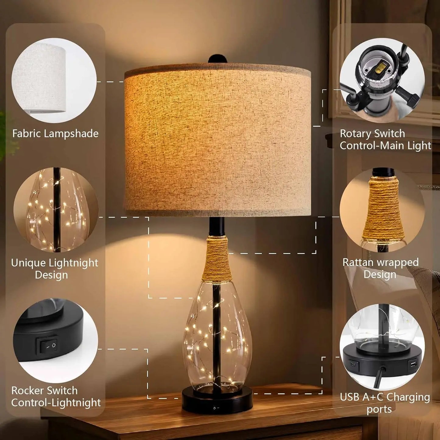 Modern Rattan Table Lamp With USB Charging Nightstand Light