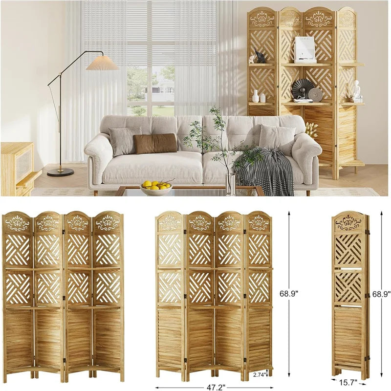 HiMISS 4 Panels Room Divider With Shelves Folding Screen