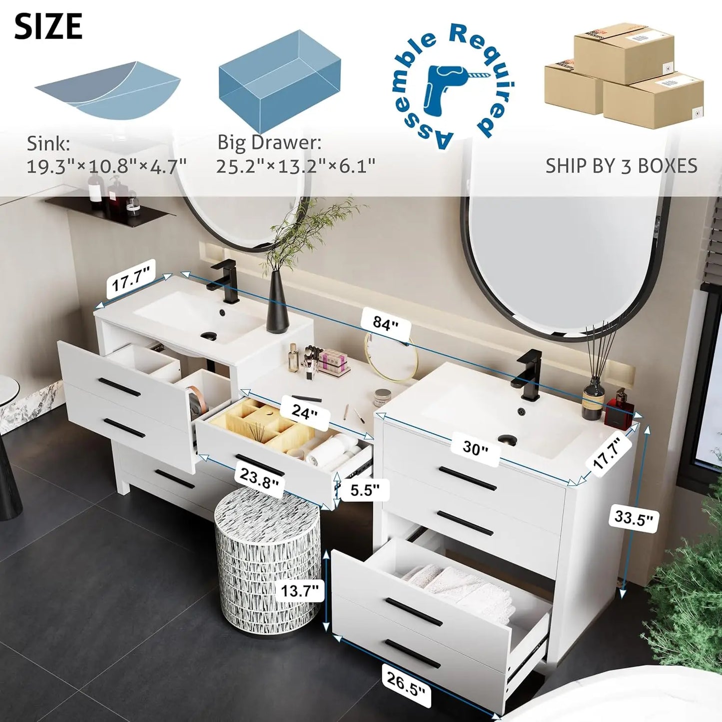 Modern Bathroom Vanity Sink Combo With Makeup Desk And Basins