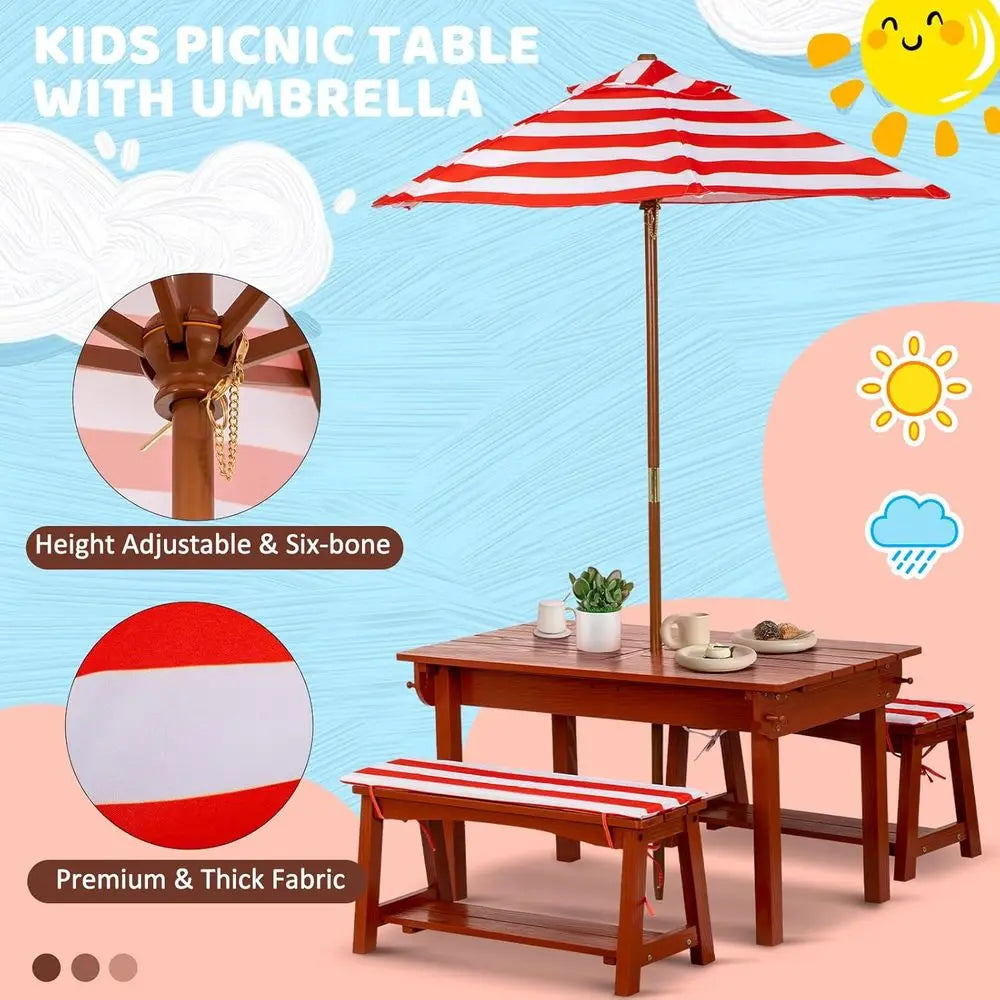 Picnic Table With Umbrella Outdoor Wooden Bench Set For Kids