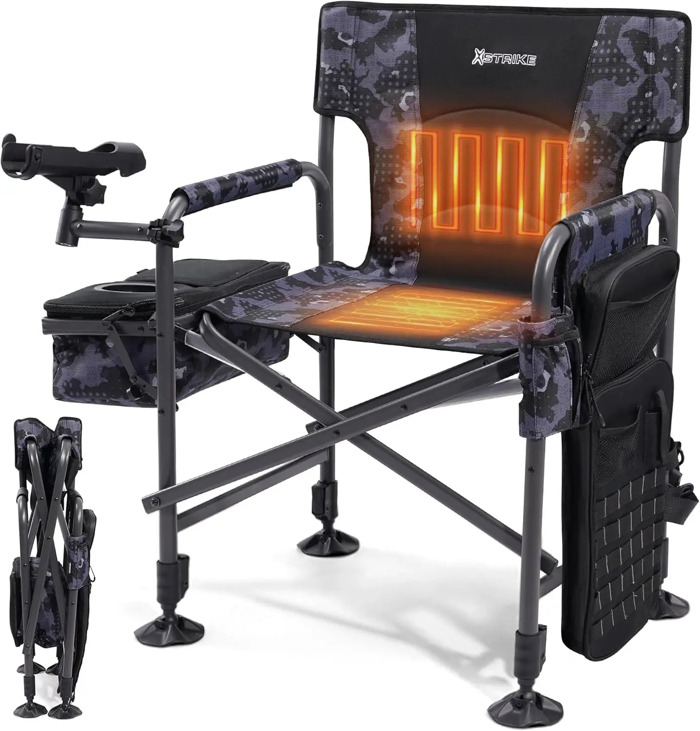 Heated Folding Fishing Chair With Rod Holder And Cooler Bag For Outdoor Use