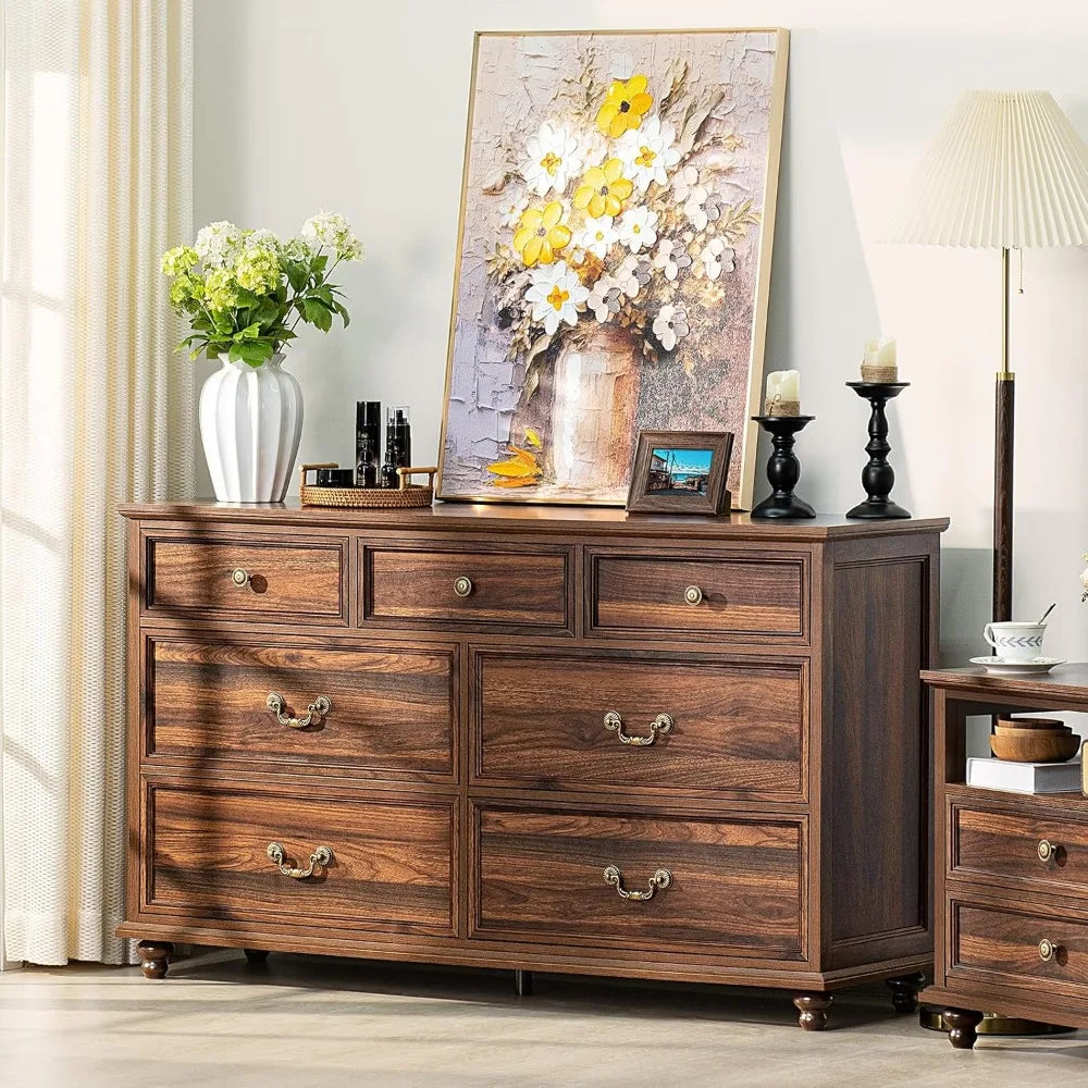MKDK Farmhouse Dresser And Nightstand Set 3 Piece Collection