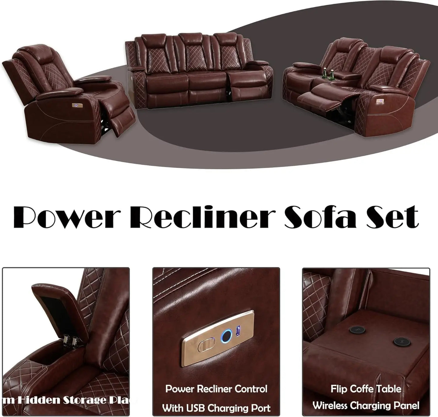 Power Recliner Leather Sofa Set With LED And USB Charging