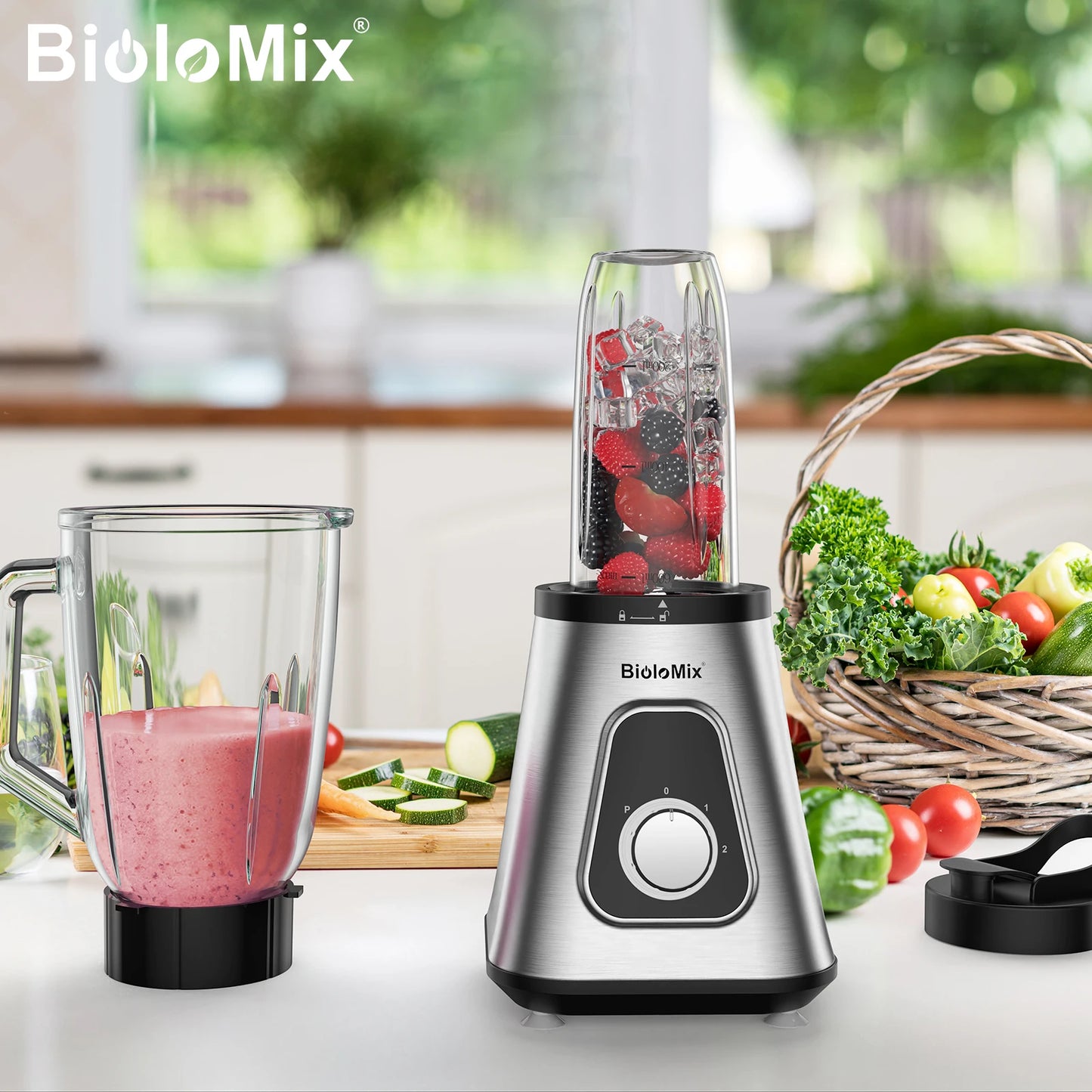 BioloMix 1300W Smoothie Maker with 1.5L Glass Jar Personal Blender for Frozen Fruit Drinks And Sauces