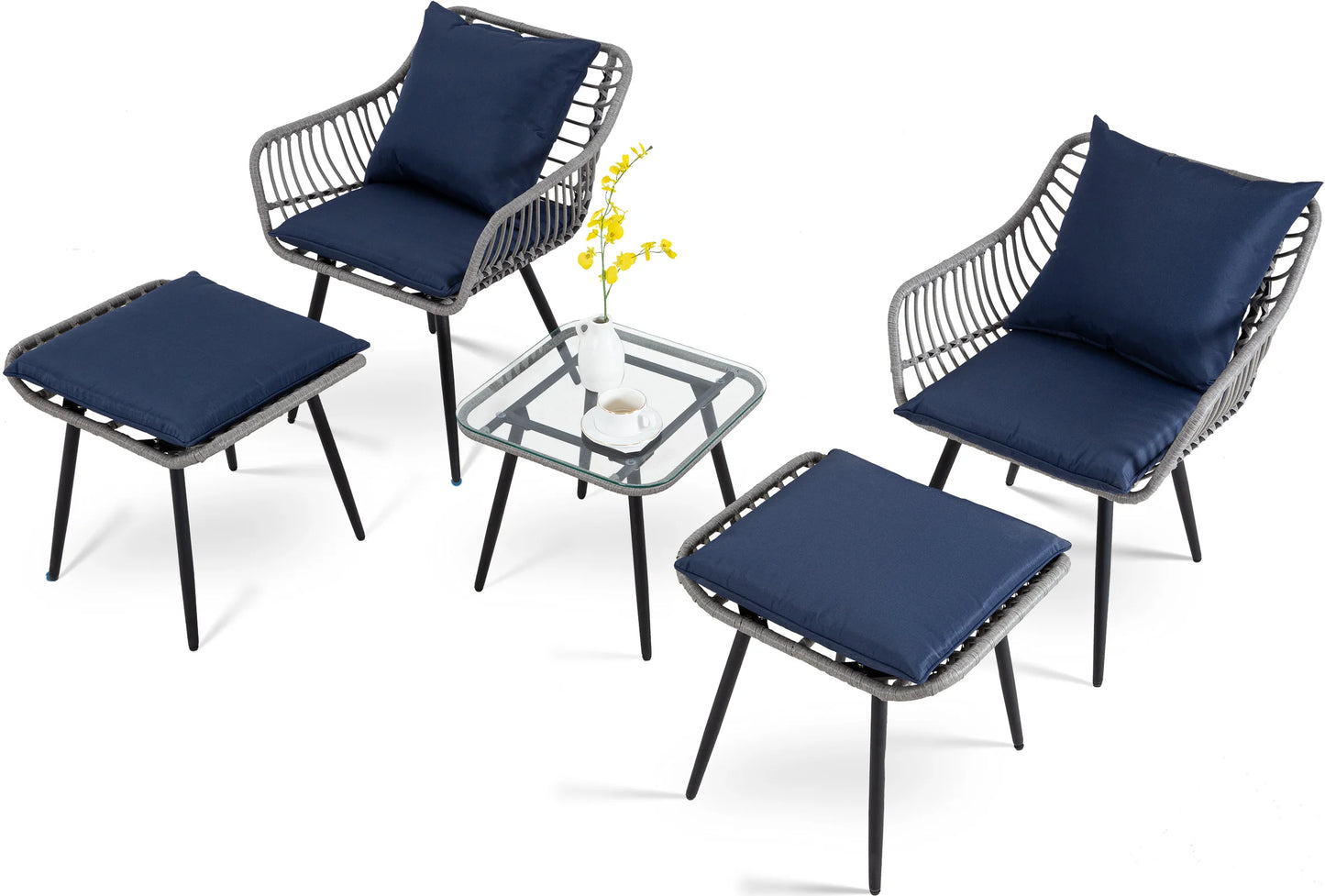 Seogwisam 5 Piece Outdoor Patio Bistro Set Wicker Ottoman Table