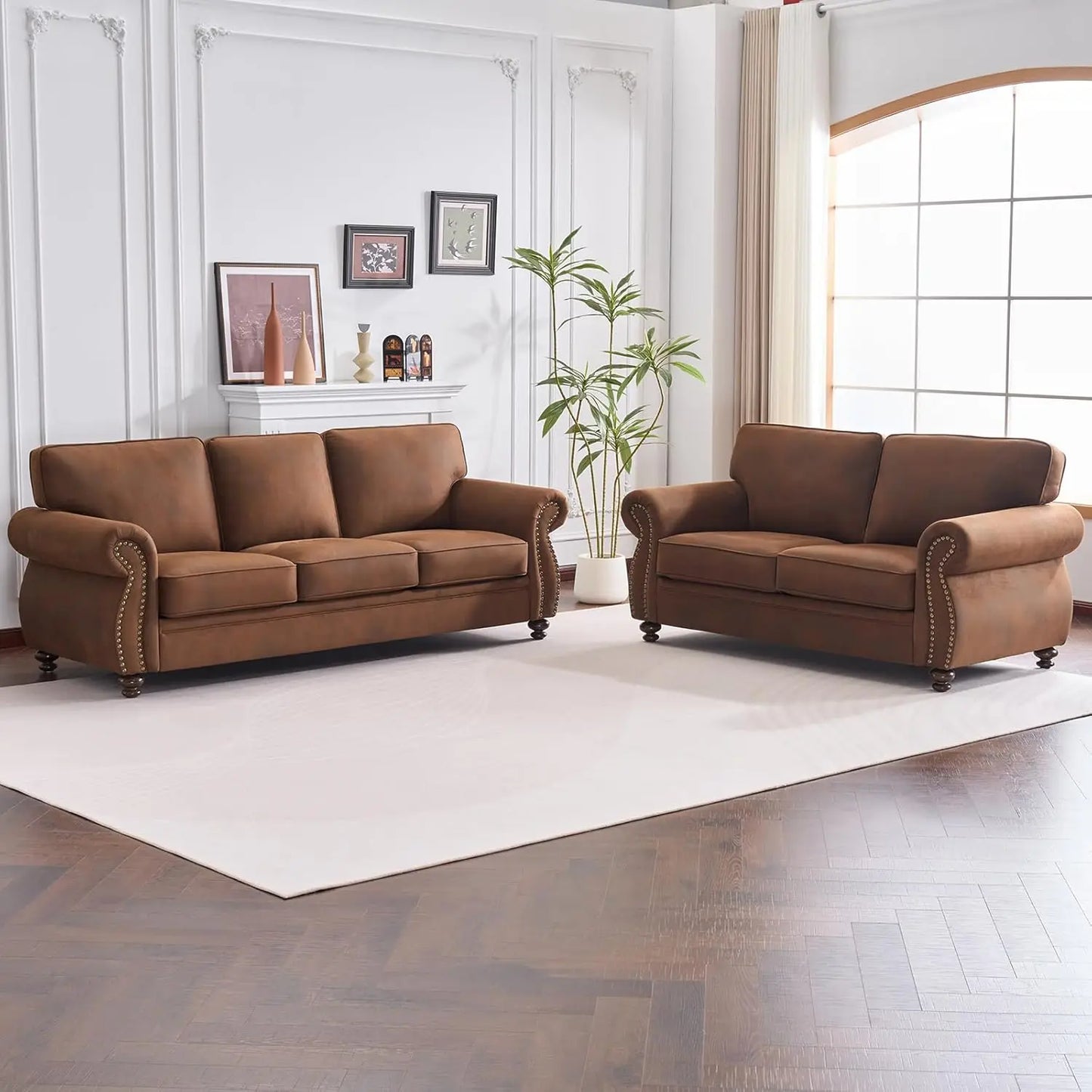 Mid-Century Sofa Set With Rivet Detailing For Living Room