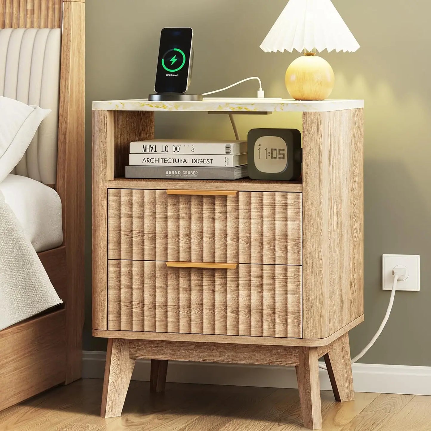 XMSJ Fluted Nightstand With Charging Station Bedside Table