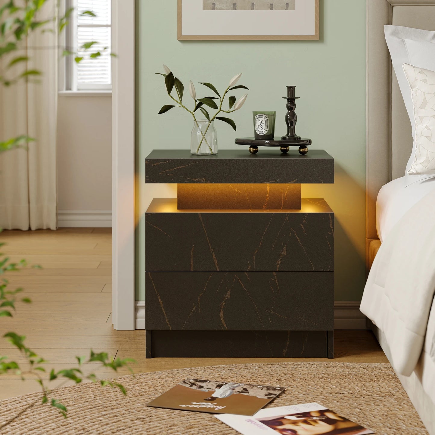 Cubehom LED Nightstands With 2 Drawers Modern Bedroom End Table