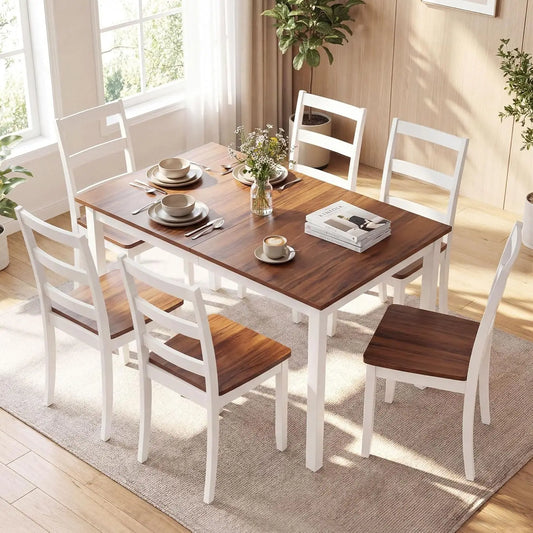 Farmhouse Dining Table Set For 6 Premium Rubber Wood Legs