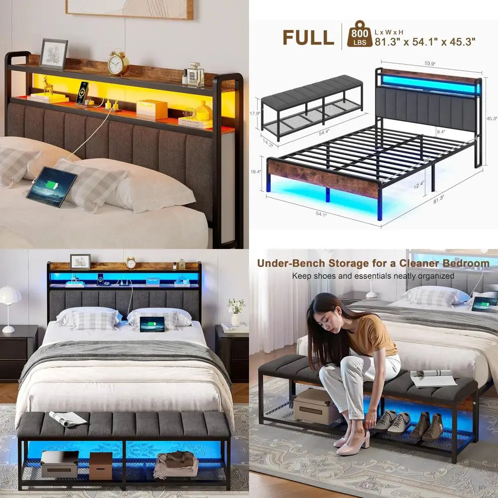 Bed Frame With LED Lights, Storage And USB Charging