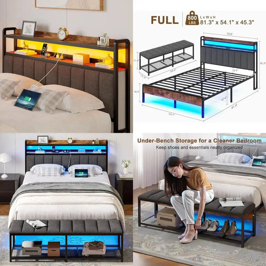 Bed Frame With LED Lights, Storage And USB Charging