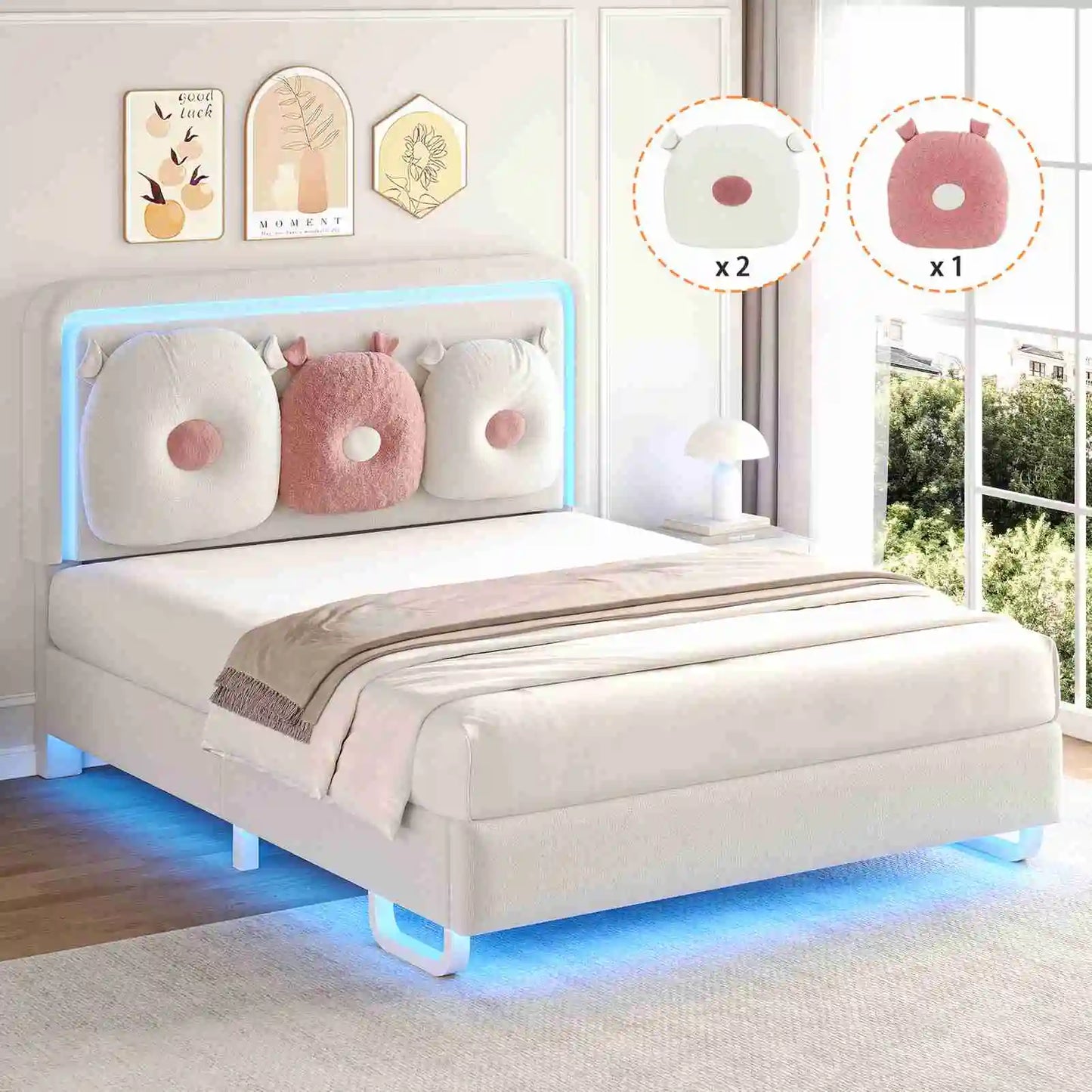 Upholstered Bed Frame With LED Lights And Adjustable Headboard