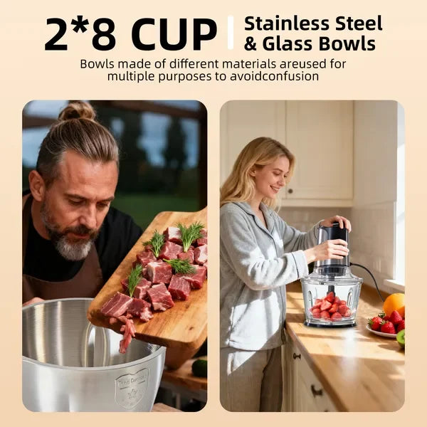 Electric Food Processor With Dual Bowls For Meat And Vegetable