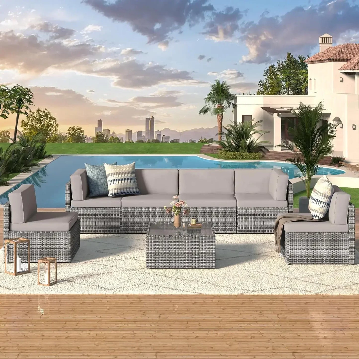 Modern Rattan Outdoor Patio Sectional Furniture Set With Cushions