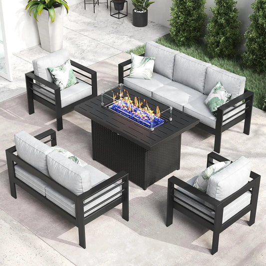 Aluminum Fire Pit Table Patio Set With Modern Sectional Sofa