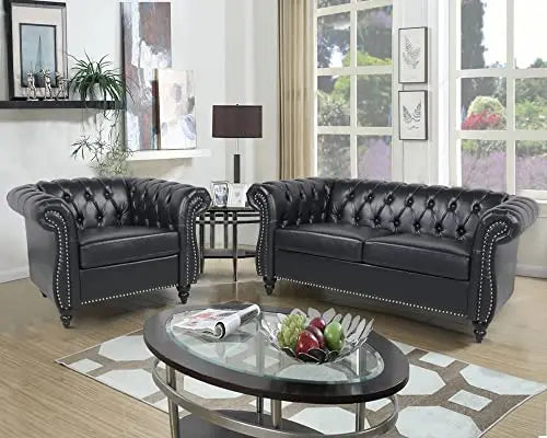 Modern Tufted Faux Leather Living Room Sofa Set With Button Nailhead Scroll Arms
