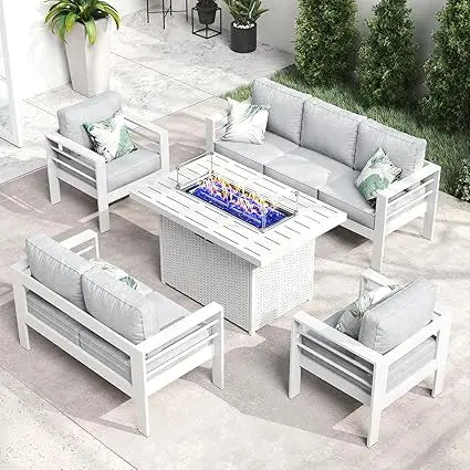 Aluminum Fire Pit Table Patio Set With Modern Sectional Sofa