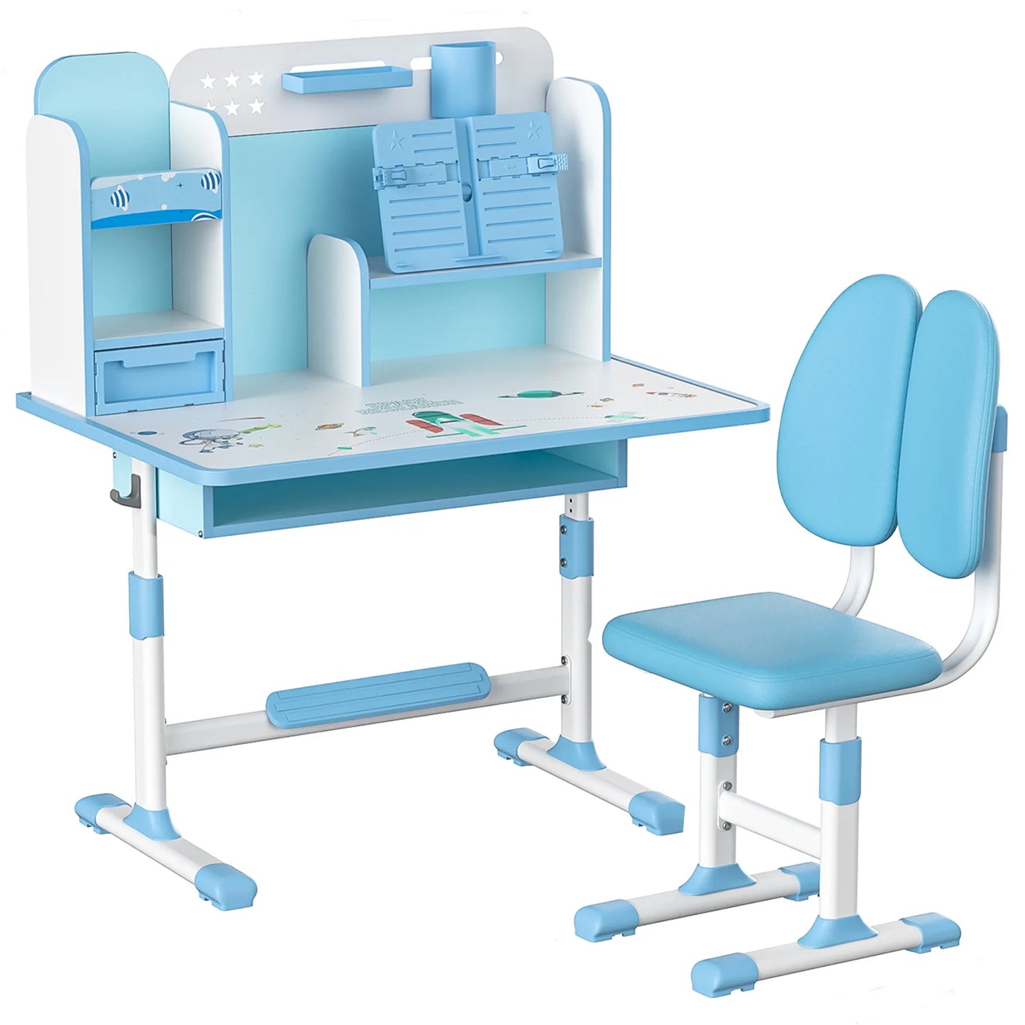 Diowewea Kids Desk Chair Set With Adjustable Height And Cartoon Bookstand