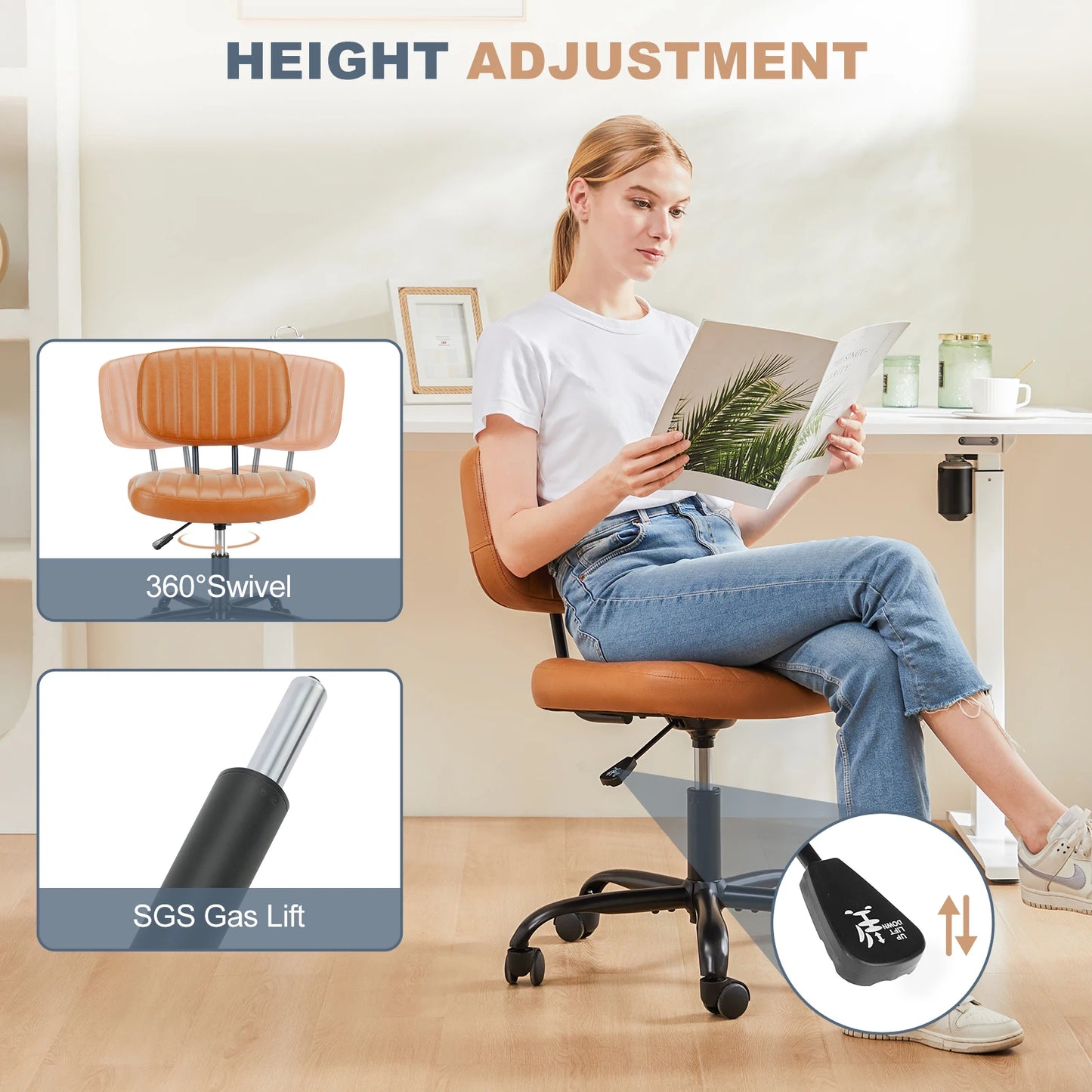 JHK Armless Office Chair With Lumbar Support Adjustable PU Leather