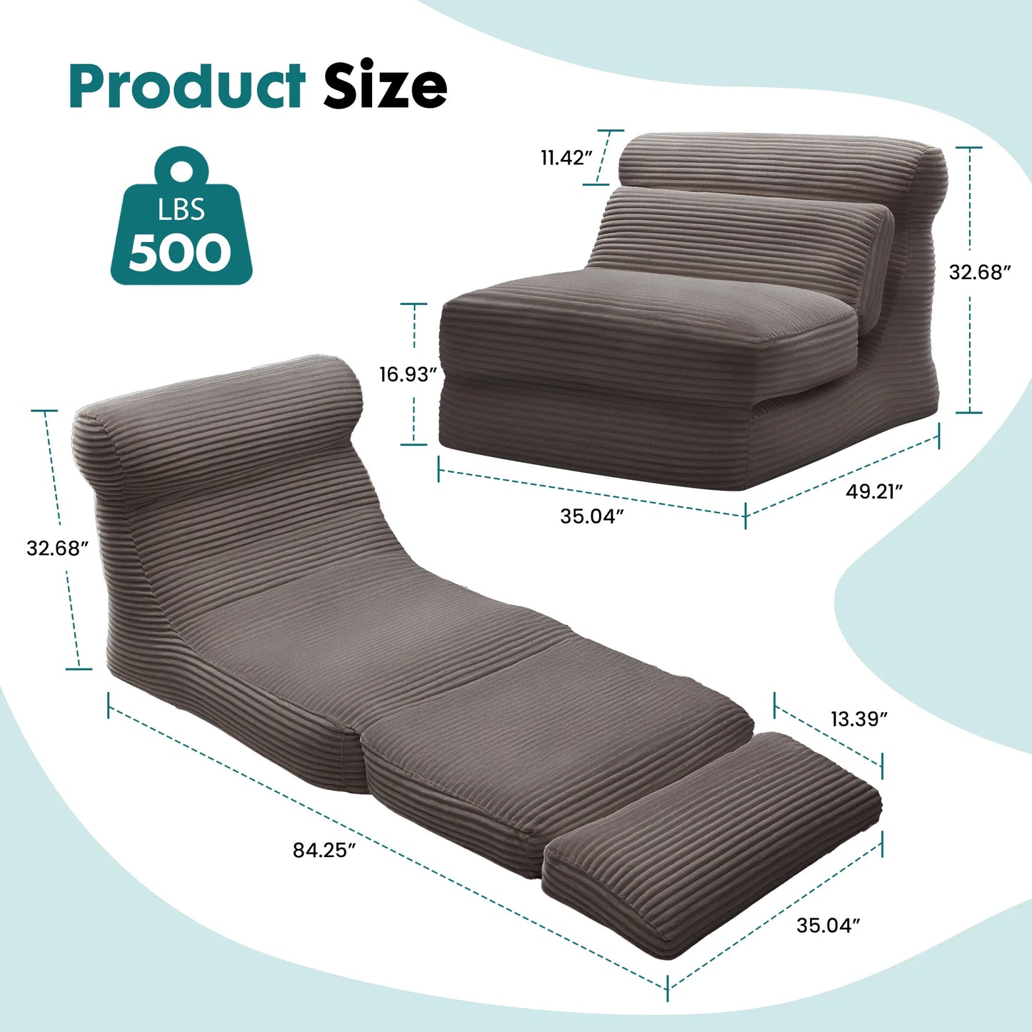 JHK Corduroy Ergonomic Folding Sofa Bed With Back Lumbar Support