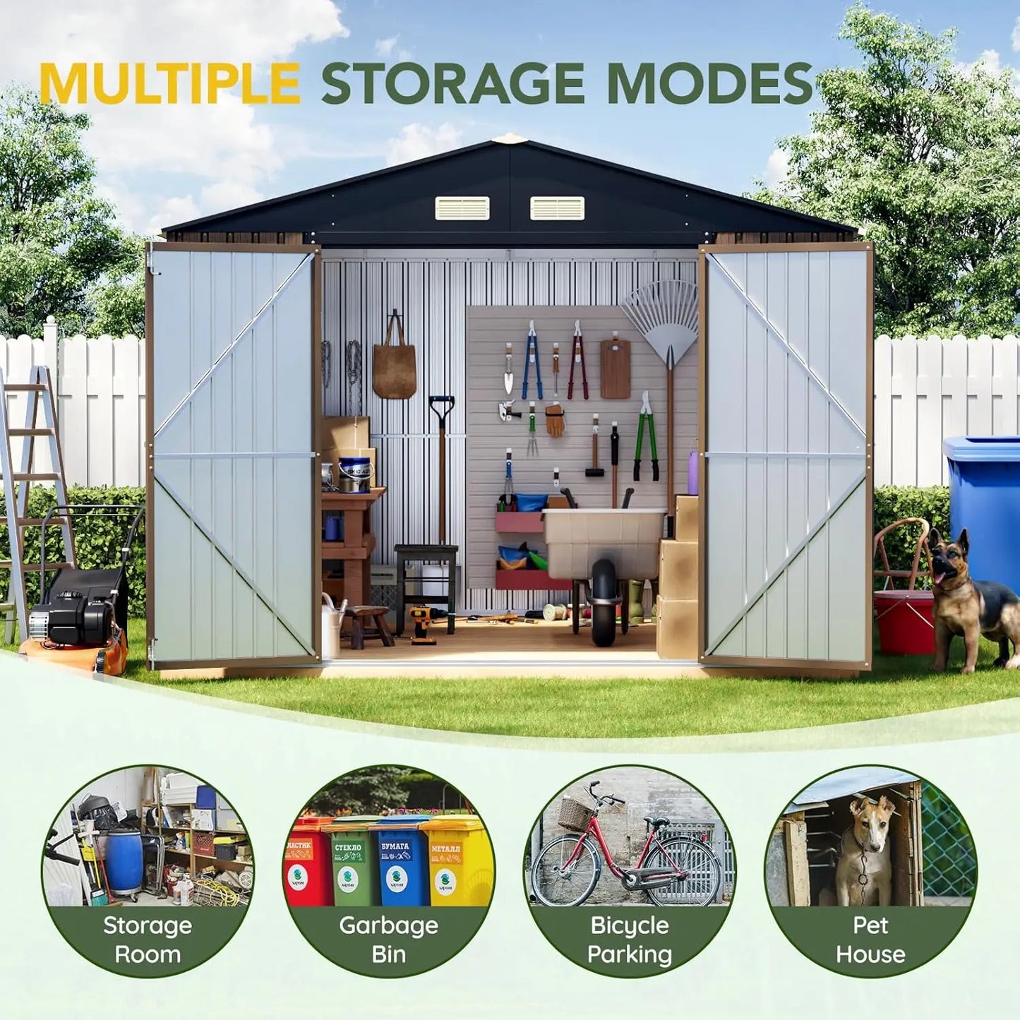 Metal Outdoor Storage Shed With Lockable Doors And Windows