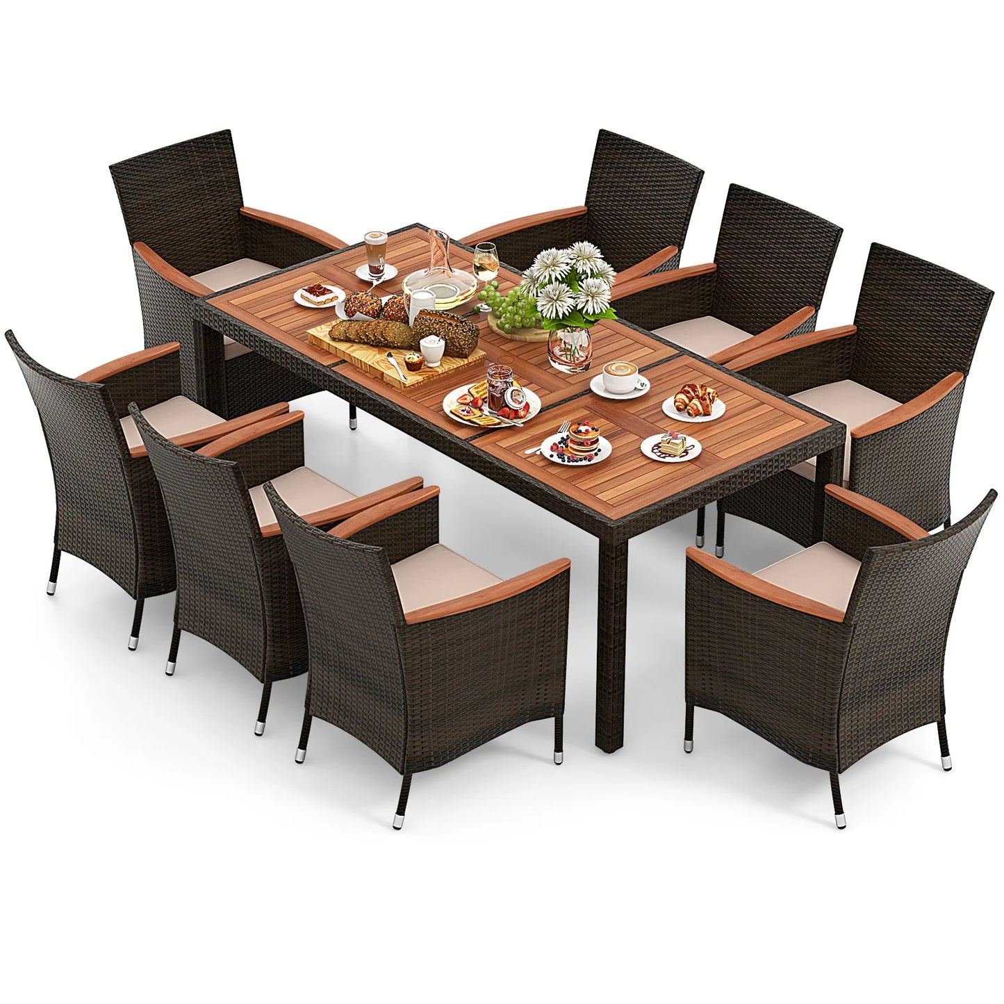 HOMASIS 9 Piece Patio Wicker Dining Set With Acacia Table