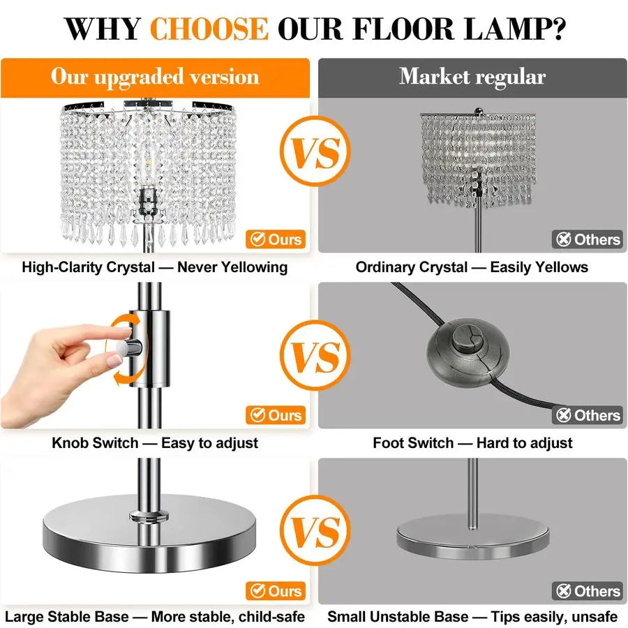 Crystal Dimmable Floor Lamp For Living Room With Knob Switch